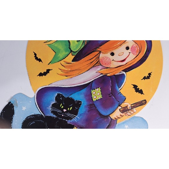 Vintage Halloween Cut Out Witch Broom Cat Bats Full Moon Ghosts USA - Picture 4 of 12